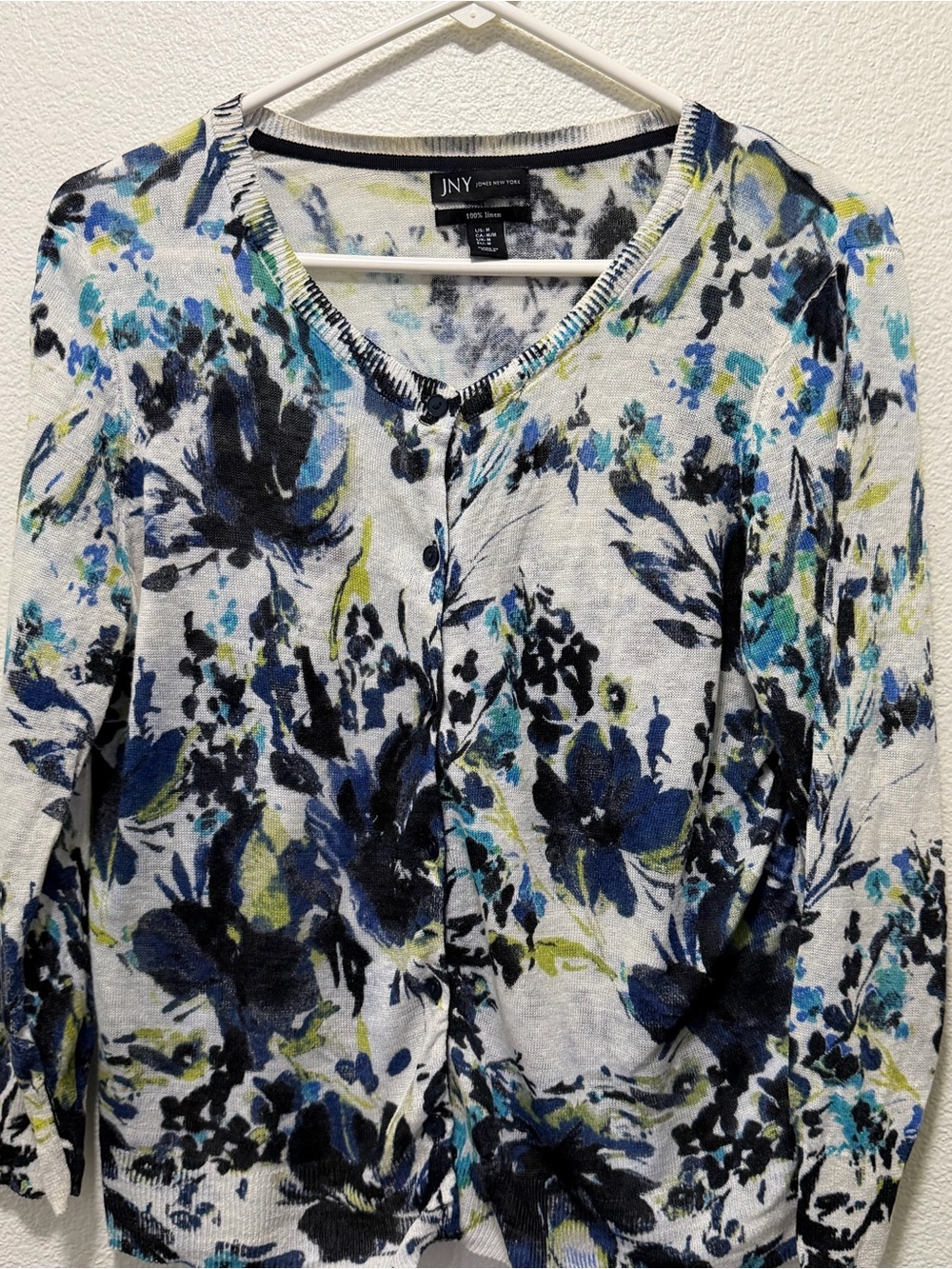 Jones New York cream and navy floral linen button down sweater